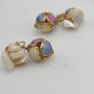 Vintage Sandor Earrings‎ Mother of Pearl Pastel Gold Tone Signed Clip Ons